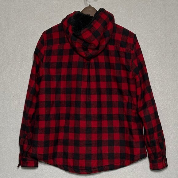 LL Bean Relaxed Fit Flannel Shacket Sherpa Lined Red/Black Plaid Hoodie Medium - Picture 3 of 12